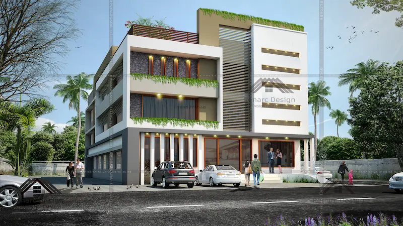 3D architectural visualization of a modern commercial building exterior
